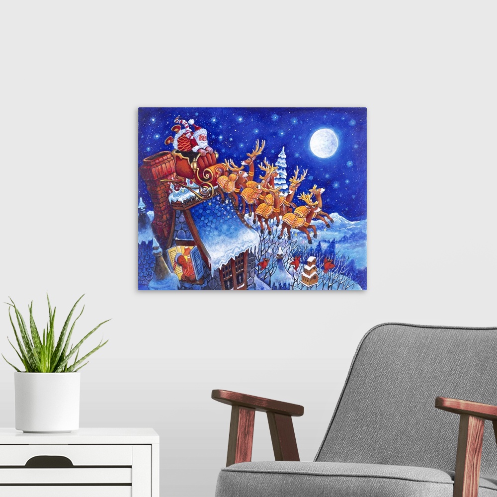 A modern room featuring Man looking out window at Santa driving off his roof in sleigh pulled by reindeer at night in sno...