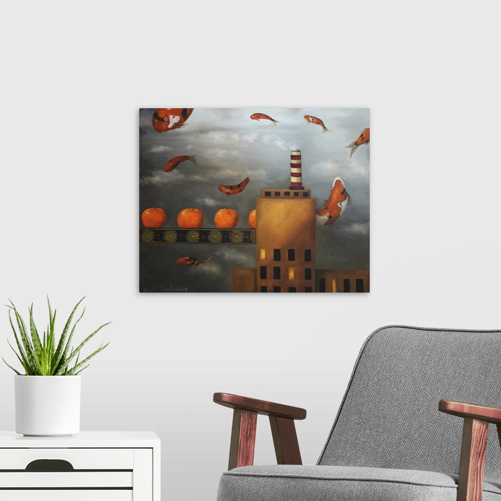 A modern room featuring Surrealist painting of a factory under a gray sky with orange koi fish floating in the sky.