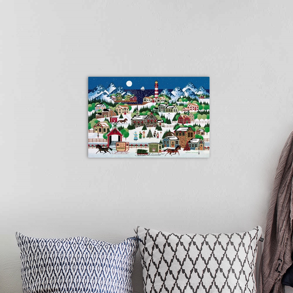 A bohemian room featuring Contemporary painting of an Americana countryside village scene in winter.