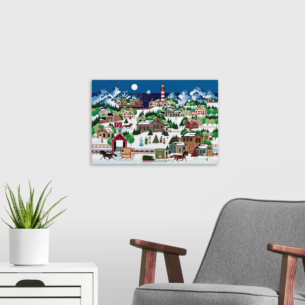 A modern room featuring Contemporary painting of an Americana countryside village scene in winter.