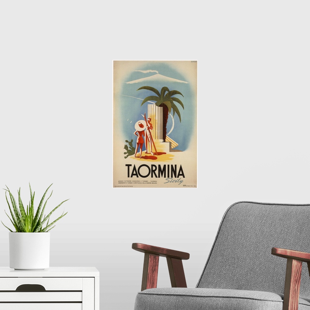 A modern room featuring Taormina, Sicily - Vintage Travel Advertisement