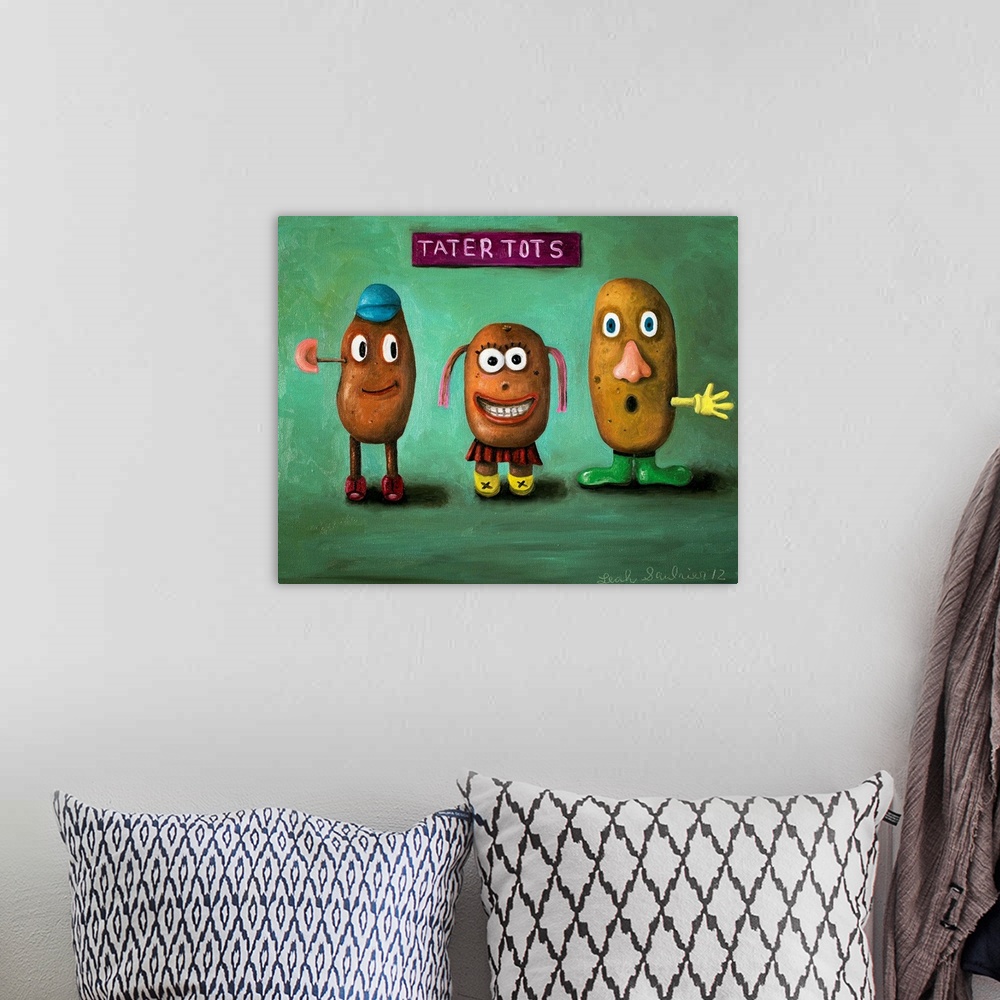 A bohemian room featuring Surrealist painting of a portrait of a three potato head children.