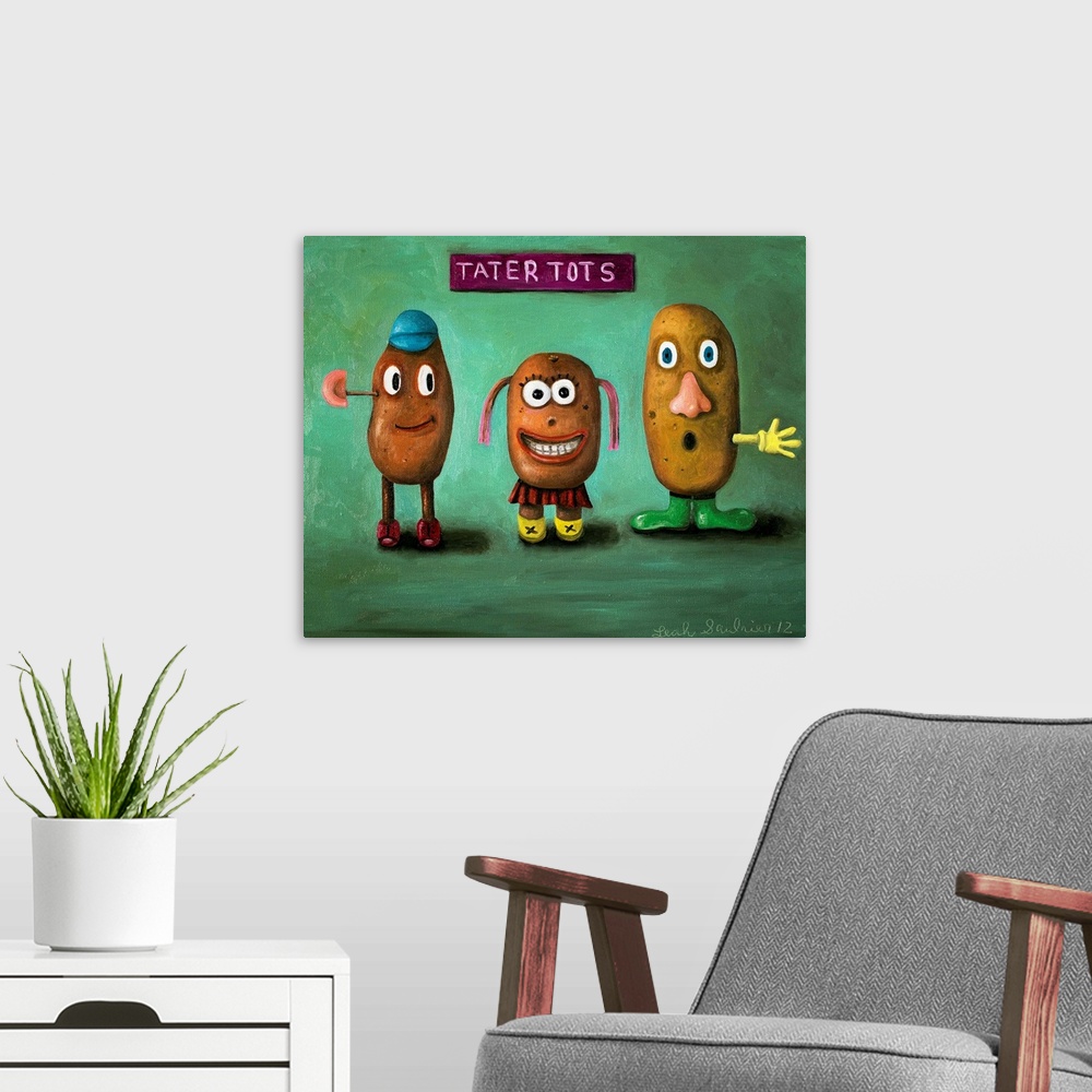 A modern room featuring Surrealist painting of a portrait of a three potato head children.