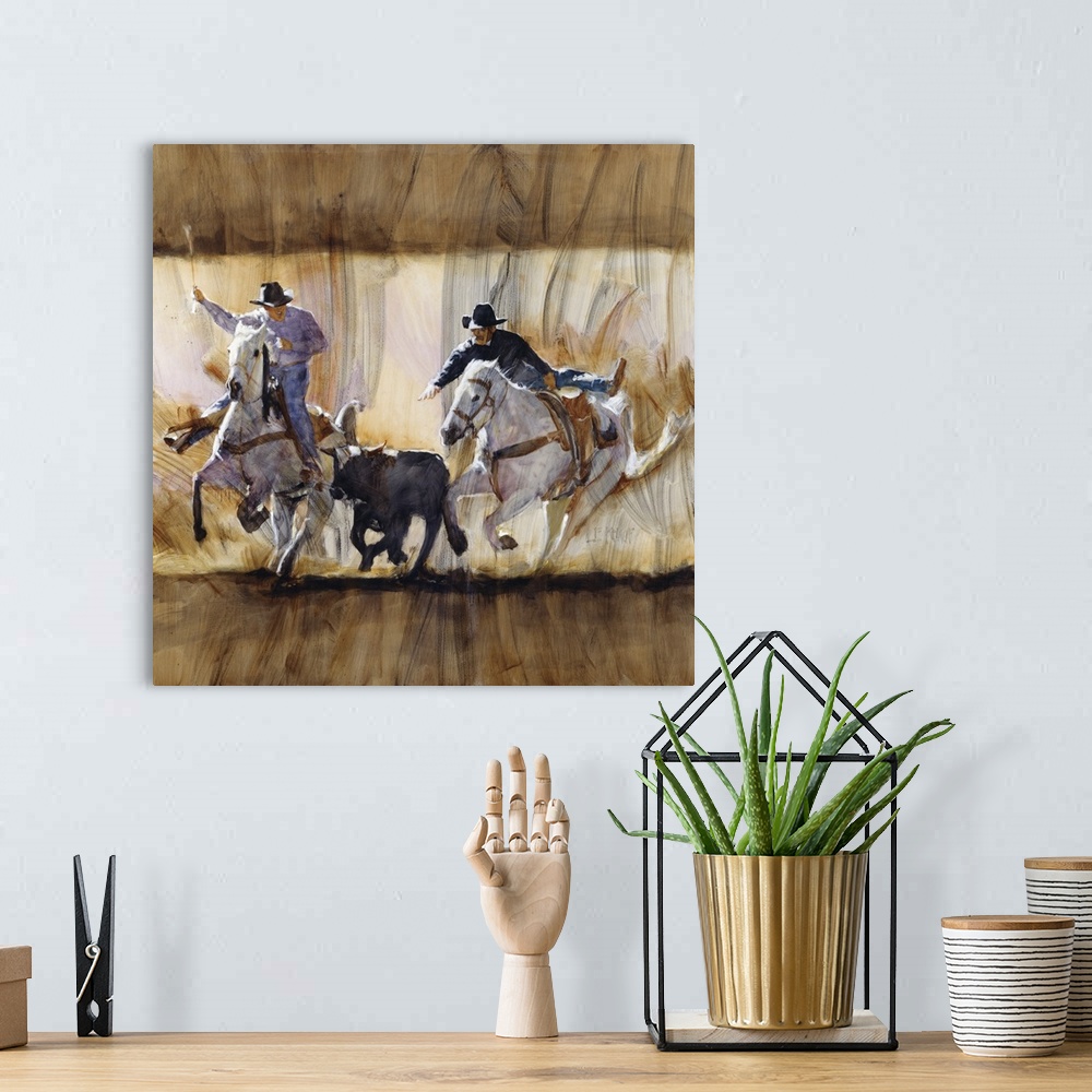 A bohemian room featuring Western themed contemporary painting of cowboys wrangling a calf.