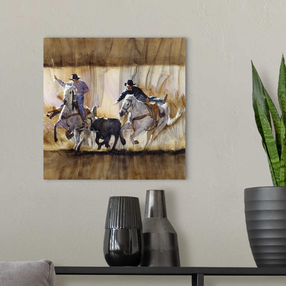 A modern room featuring Western themed contemporary painting of cowboys wrangling a calf.