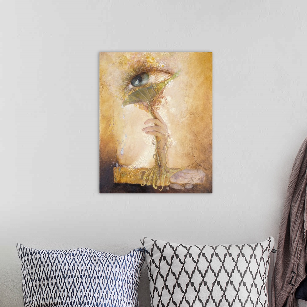 A bohemian room featuring A contemporary painting of a mystical looking image with a hand reaching up to an ethereal eye.