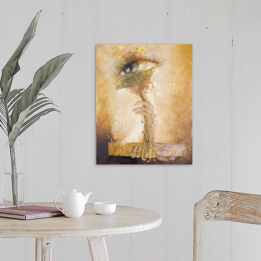 A farmhouse room featuring A contemporary painting of a mystical looking image with a hand reaching up to an ethereal eye.