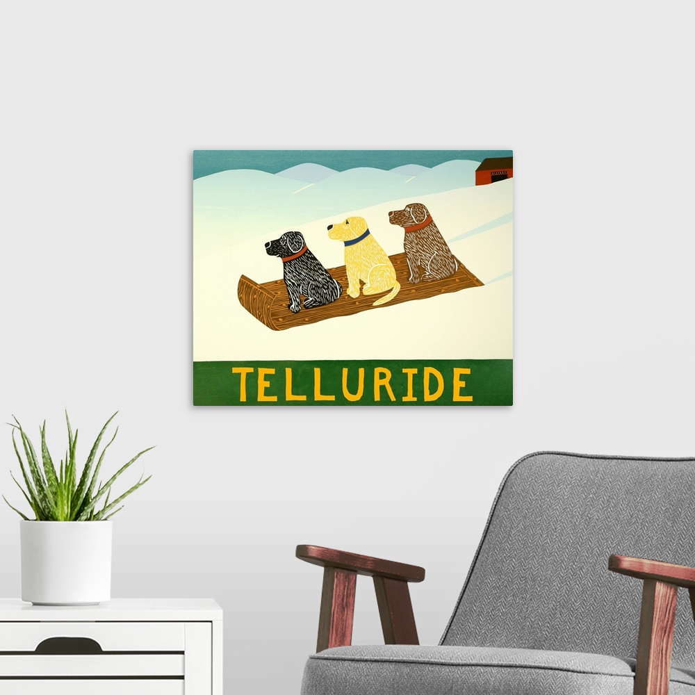 A modern room featuring Illustration of a chocolate, yellow, and black lab sledding down the slopes with "Telluride" writ...