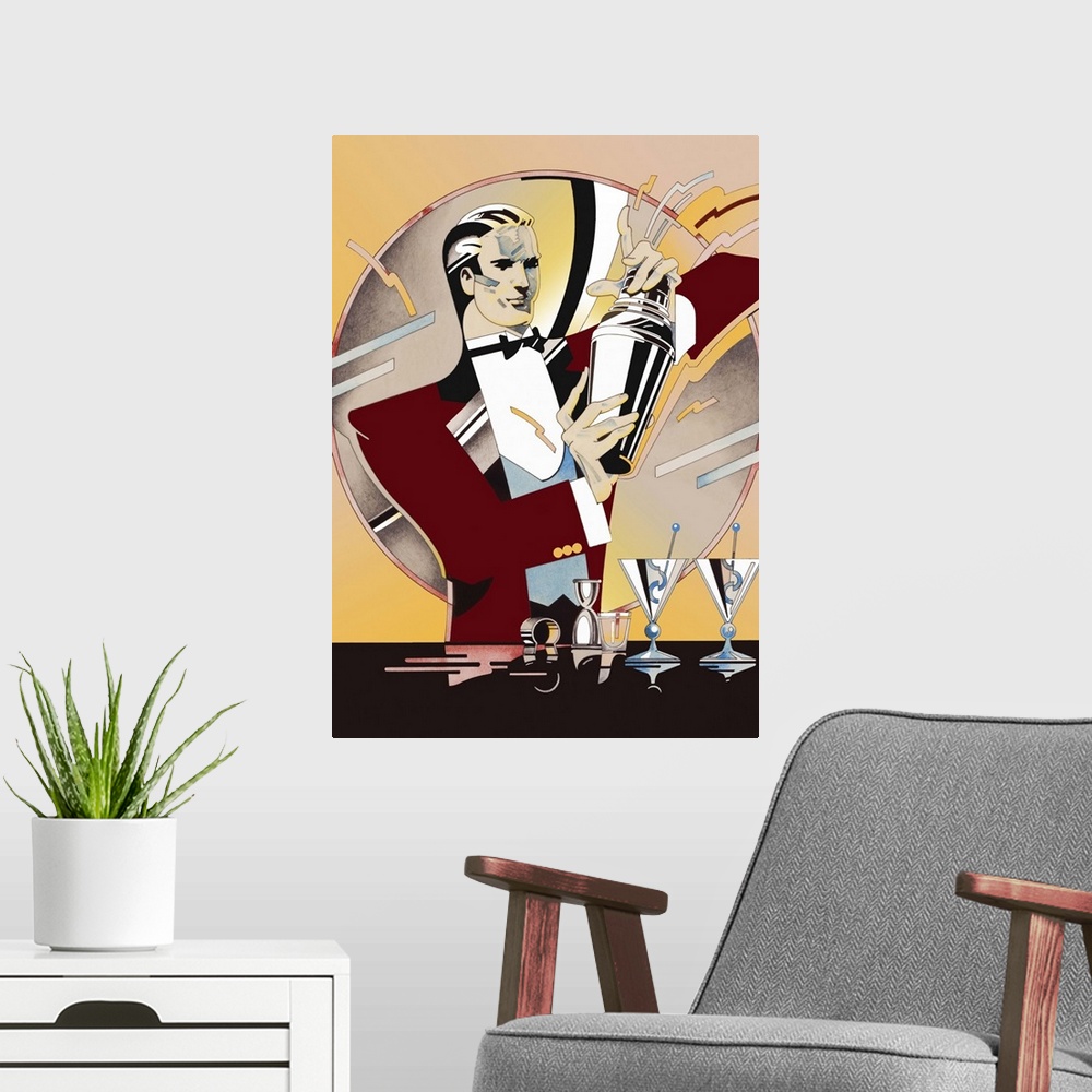 A modern room featuring Art deco style illustration of a bartender preparing a cocktail in a shaker.
