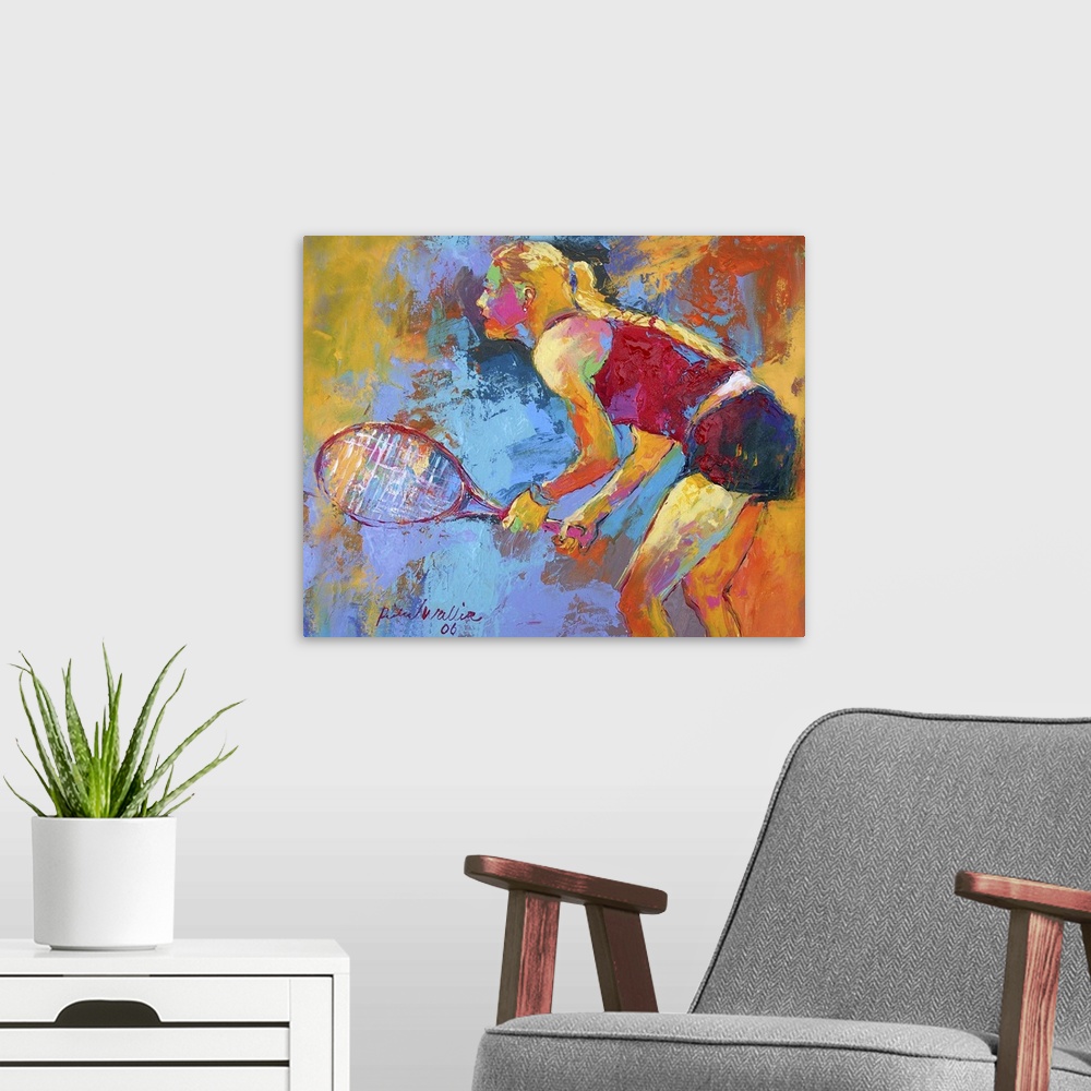 A modern room featuring Contemporary vibrant colorful painting of a tennis player.