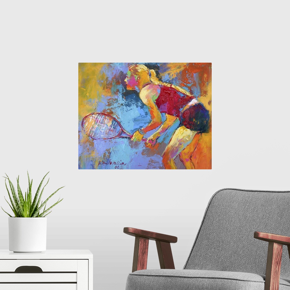 A modern room featuring Contemporary vibrant colorful painting of a tennis player.