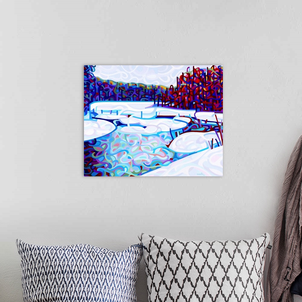 A bohemian room featuring Stylized contemporary painting of a frozen river in a forest with snowy banks.