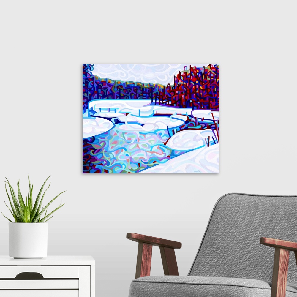 A modern room featuring Stylized contemporary painting of a frozen river in a forest with snowy banks.