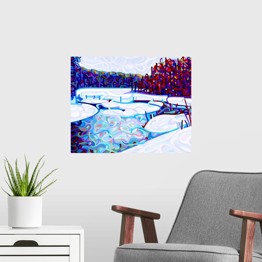 A modern room featuring Stylized contemporary painting of a frozen river in a forest with snowy banks.