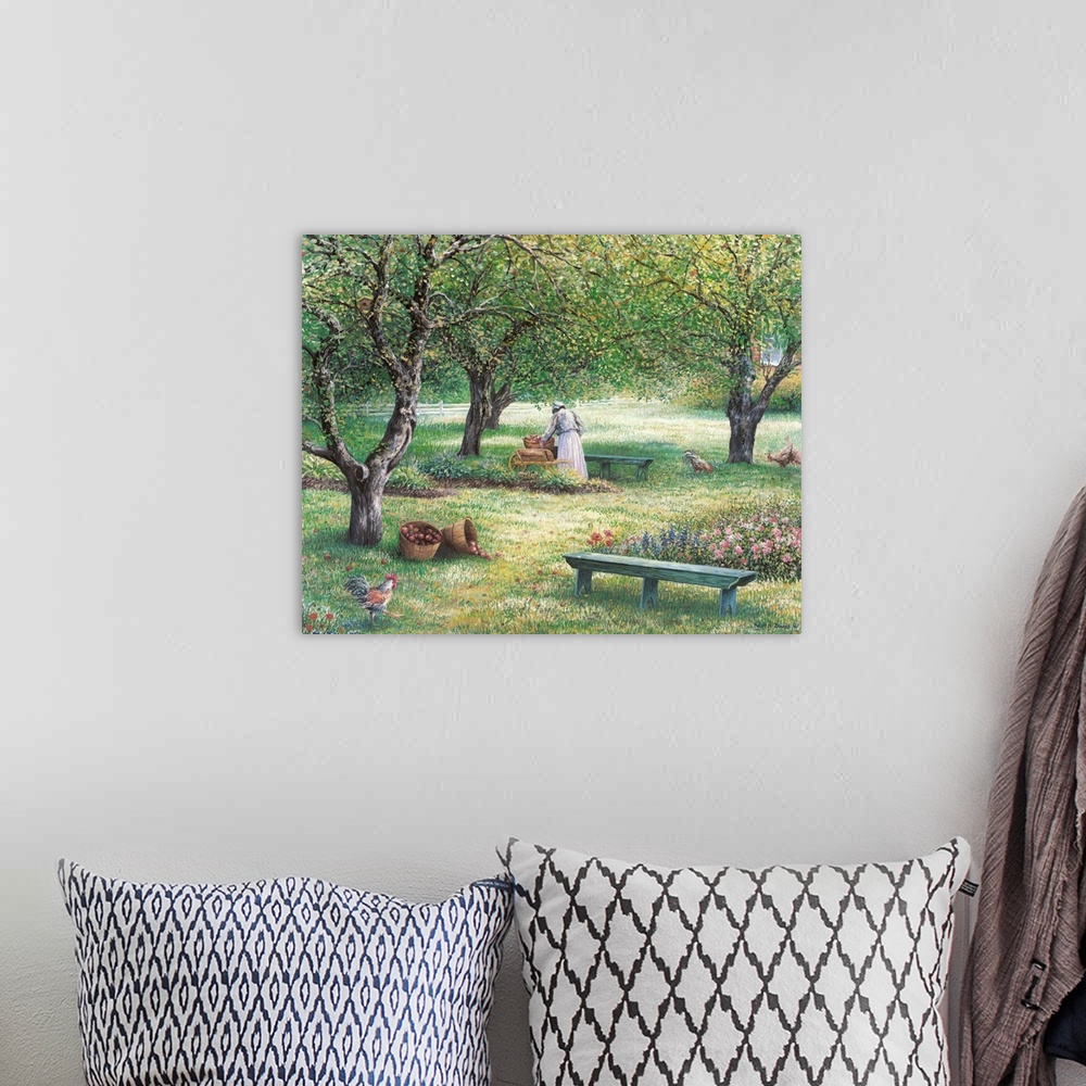A bohemian room featuring Contemporary artwork of a woman in an apple orchard.