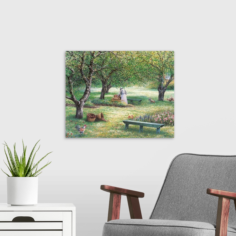 A modern room featuring Contemporary artwork of a woman in an apple orchard.