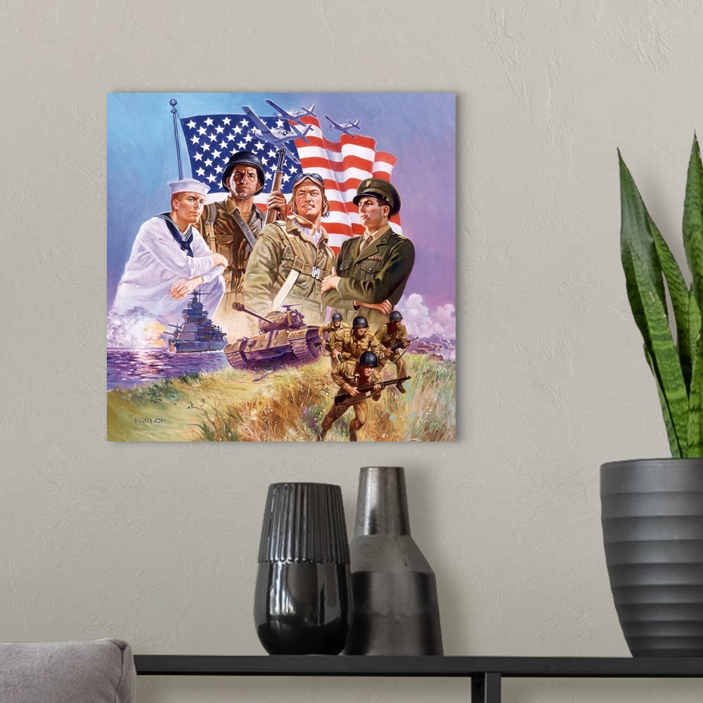 A modern room featuring This piece consists of military men from different branches all standing in front of the American...