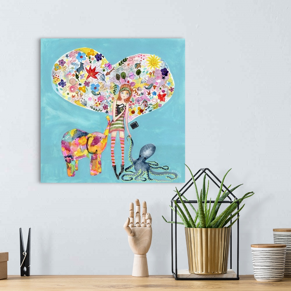 A bohemian room featuring A girl with an elephant and octopus with a heart full of flowers.