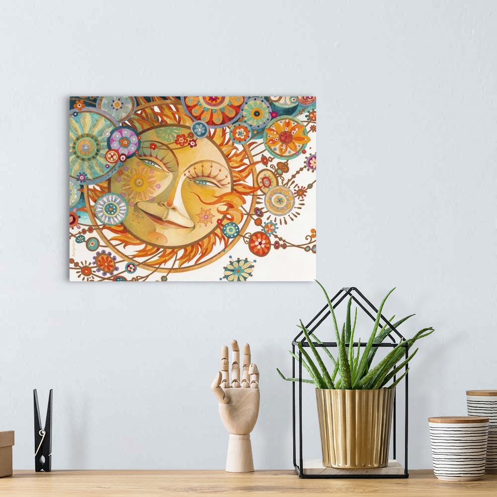 A bohemian room featuring Contemporary artwork of a smiling sun with decorative baubles all around.