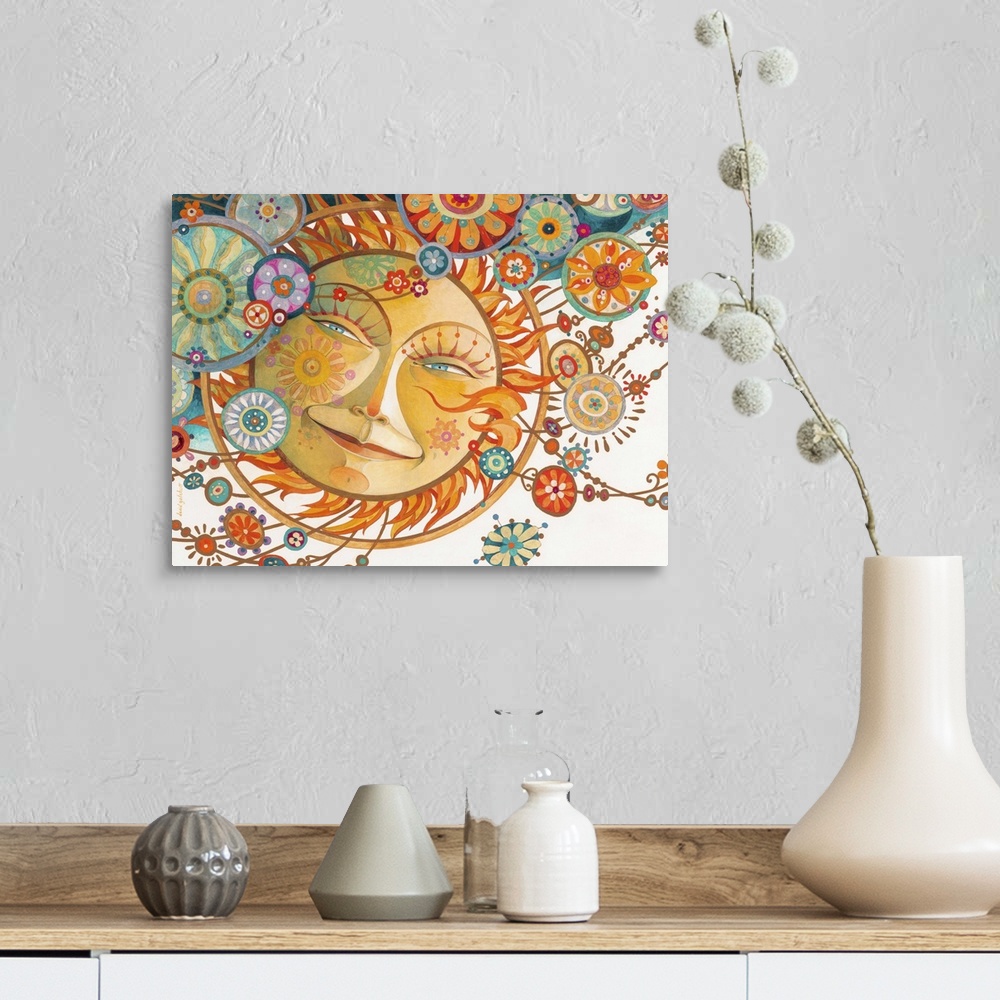 A farmhouse room featuring Contemporary artwork of a smiling sun with decorative baubles all around.