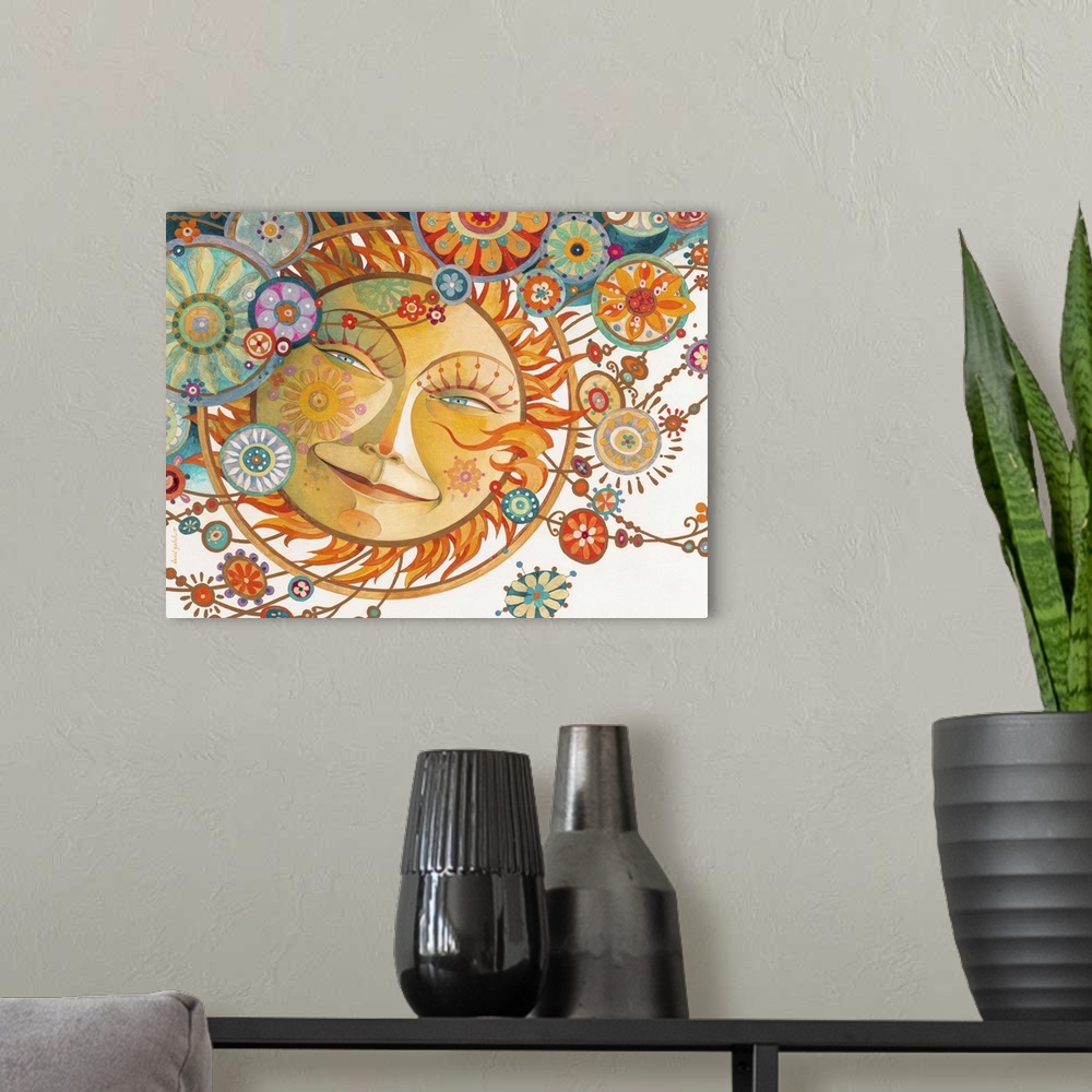 A modern room featuring Contemporary artwork of a smiling sun with decorative baubles all around.