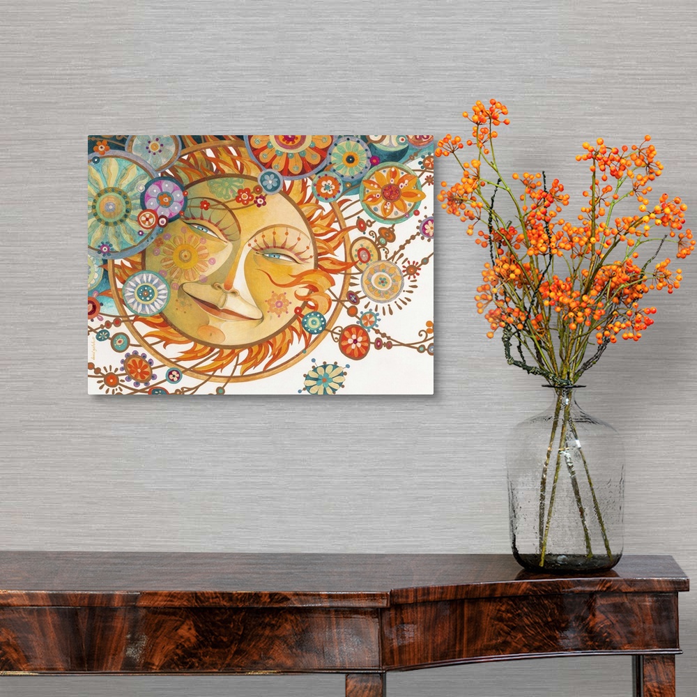 A traditional room featuring Contemporary artwork of a smiling sun with decorative baubles all around.