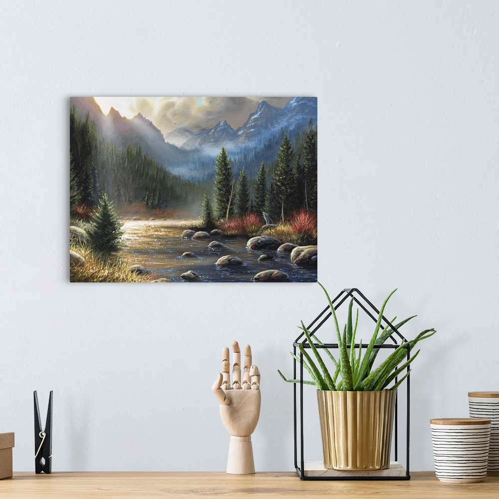 A bohemian room featuring A contemporary idyllic painting of a majestic wilderness landscape.