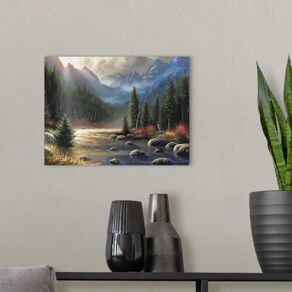 A modern room featuring A contemporary idyllic painting of a majestic wilderness landscape.