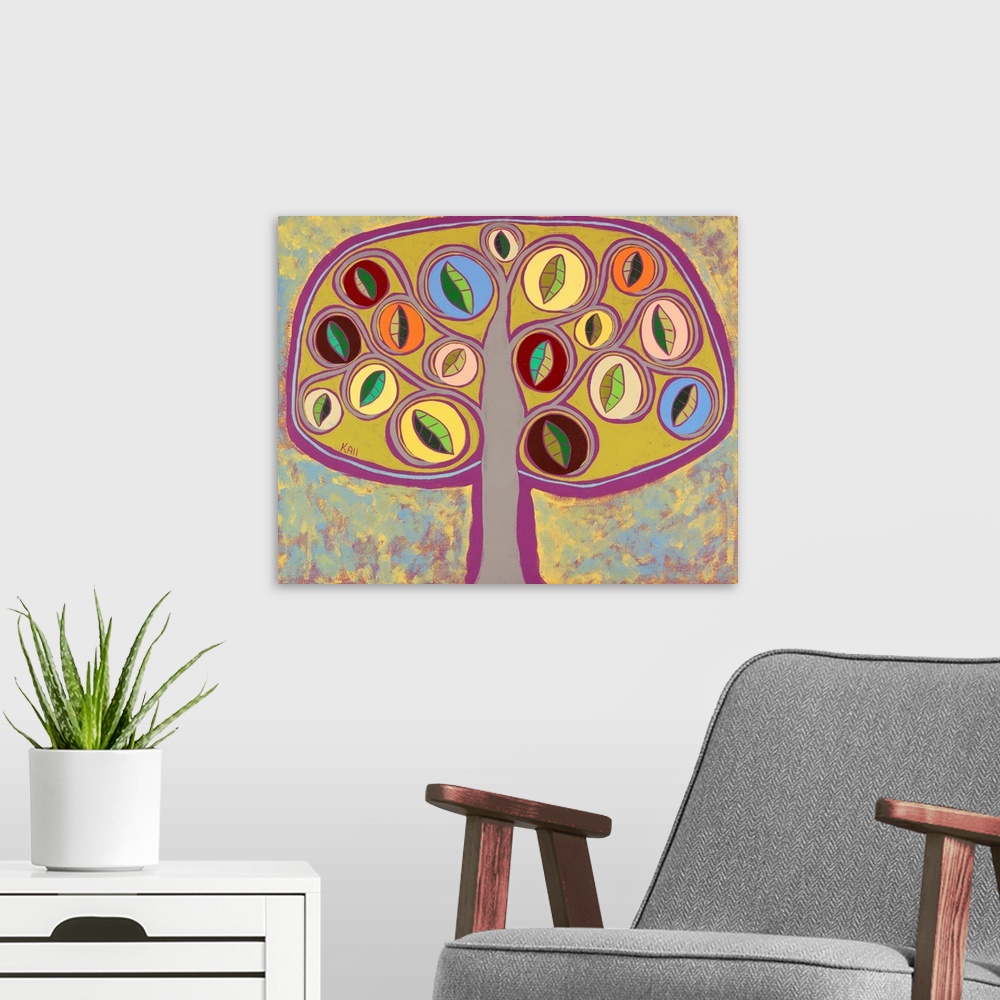 A modern room featuring Contemporary painting of a tree with curled branches and round leaves.