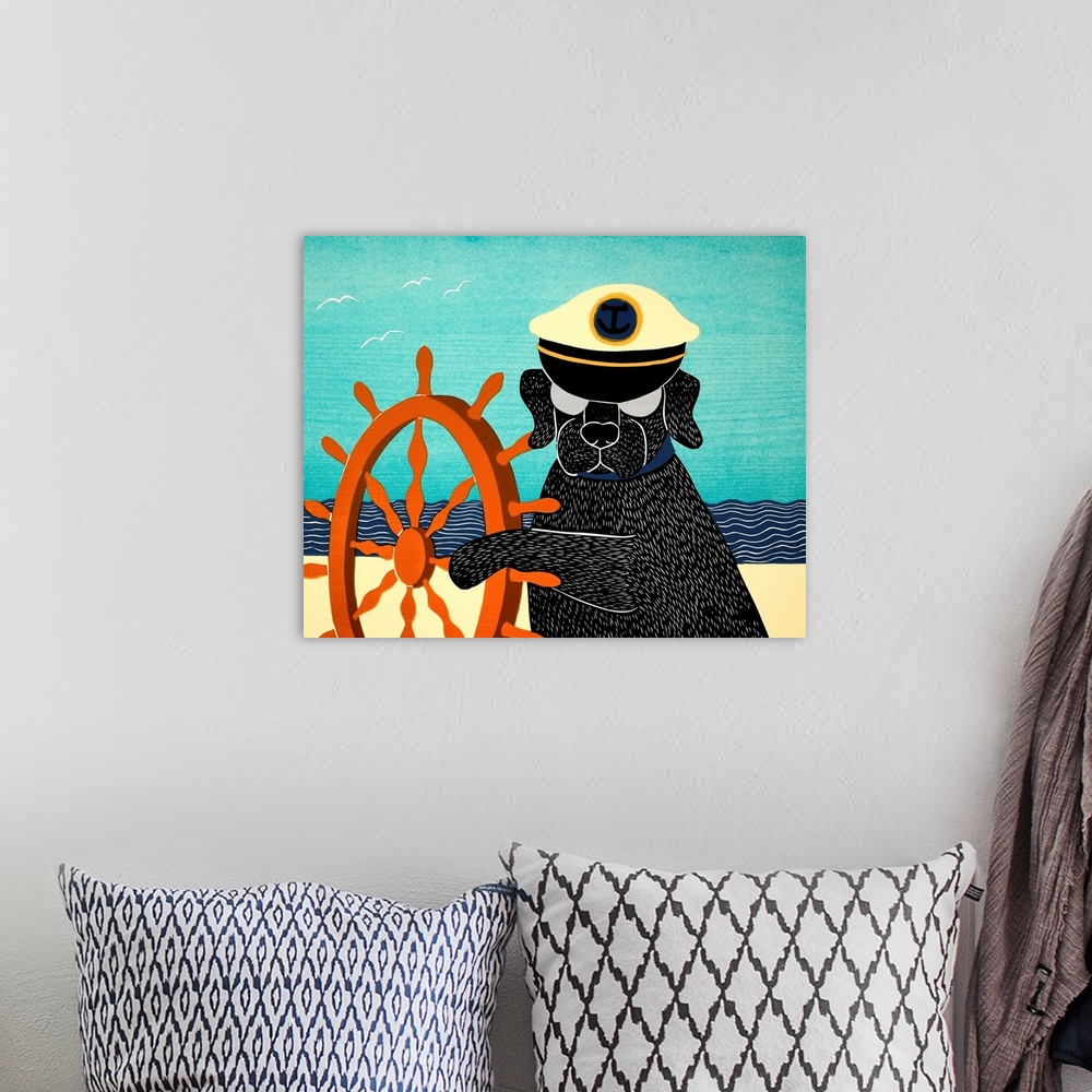 A bohemian room featuring Illustration of a black lab wearing a sailors hat and pawing a ship wheel on the beach.