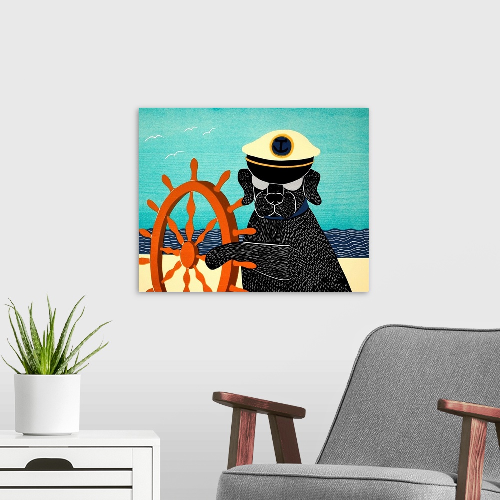 A modern room featuring Illustration of a black lab wearing a sailors hat and pawing a ship wheel on the beach.