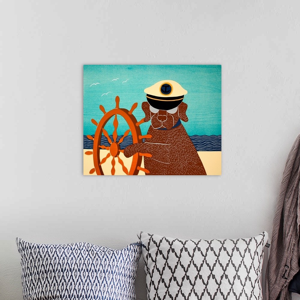 A bohemian room featuring Illustration of a chocolate lab wearing a sailors hat and pawing a ship wheel on the beach.