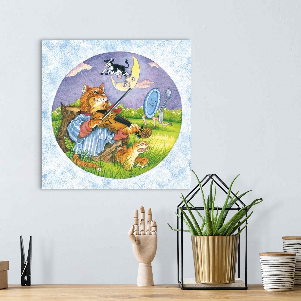 A bohemian room featuring cat fiddle cow jumping over moon plate running away with a spoon