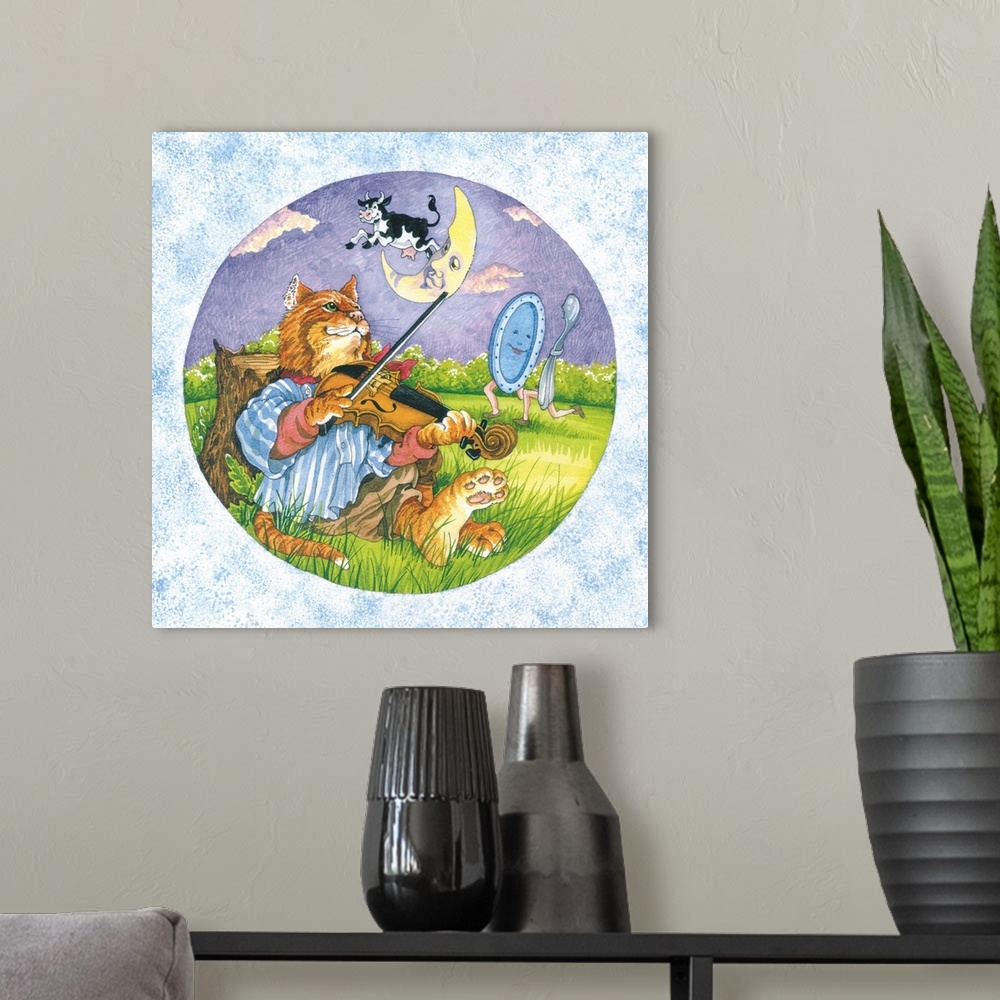A modern room featuring cat fiddle cow jumping over moon plate running away with a spoon