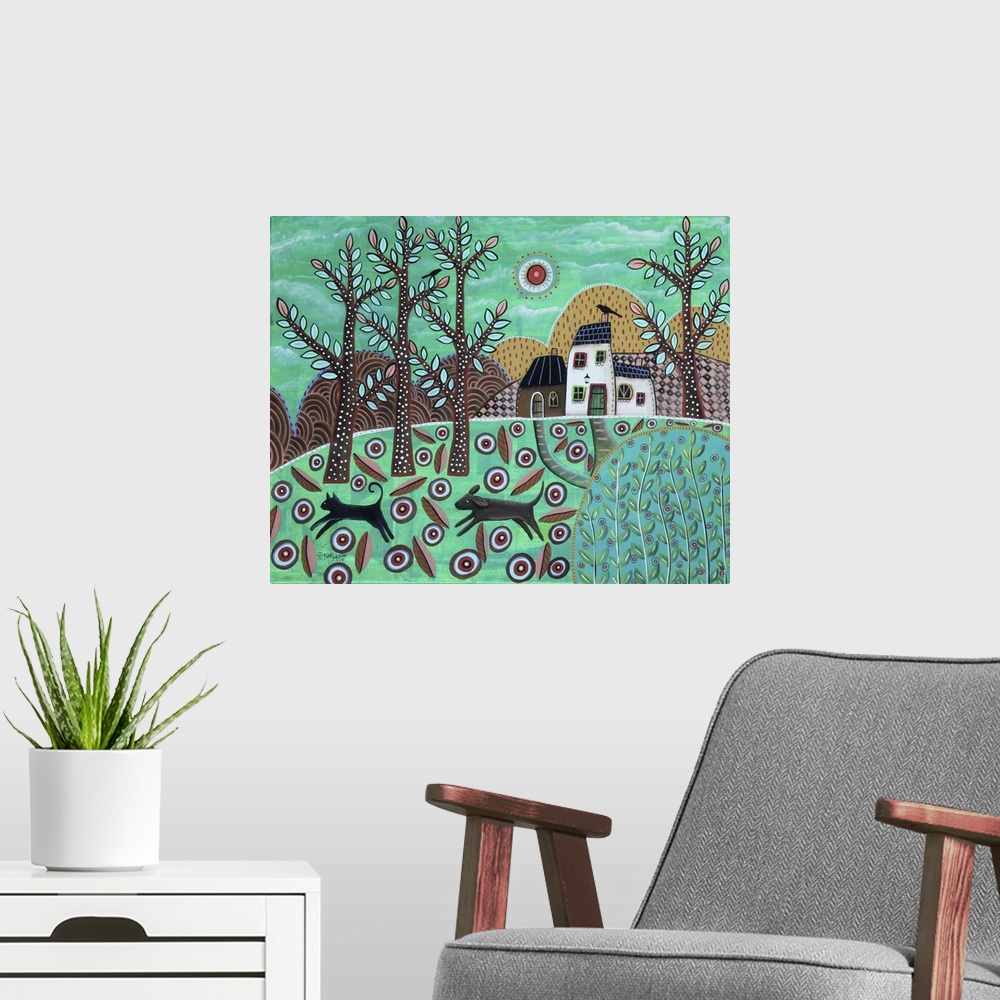 A modern room featuring A contemporary folk art style painting of a rolling countryside landscape.