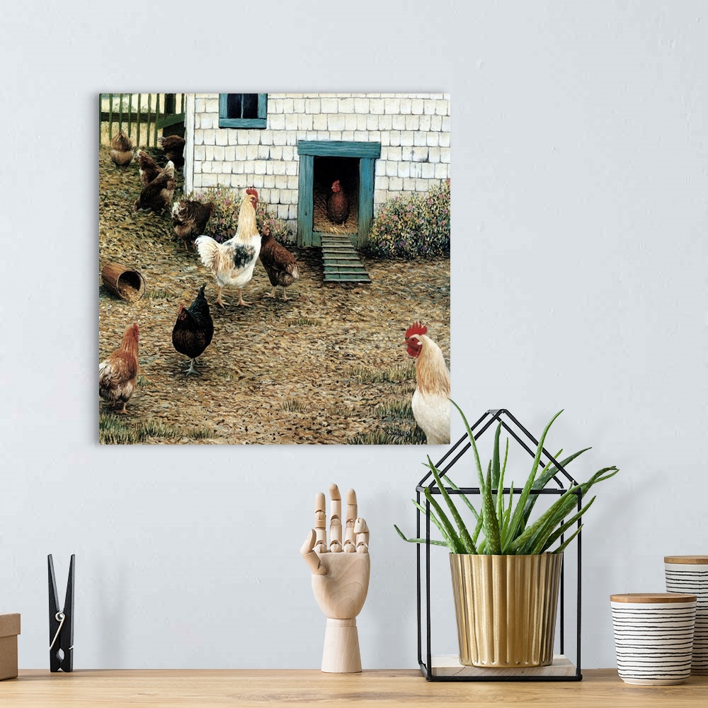 A bohemian room featuring Contemporary artwork of several chickens on a farm.