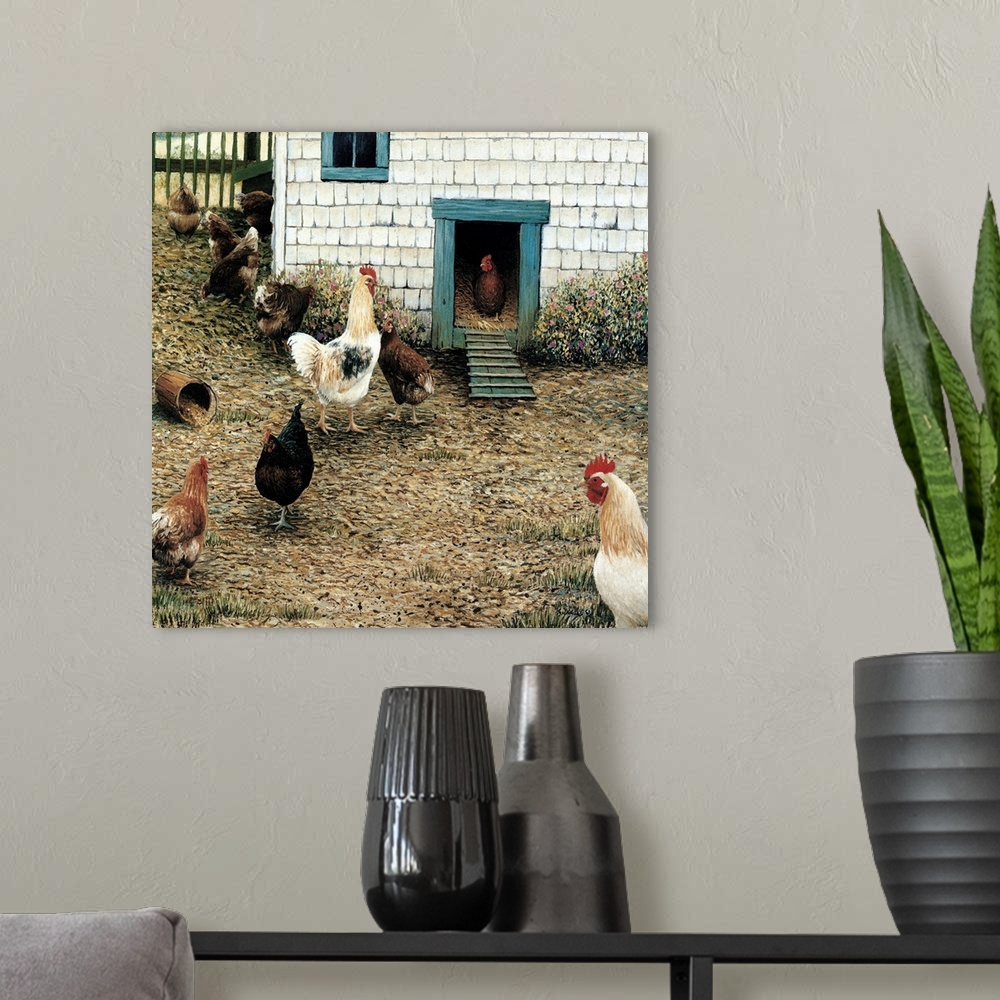 A modern room featuring Contemporary artwork of several chickens on a farm.