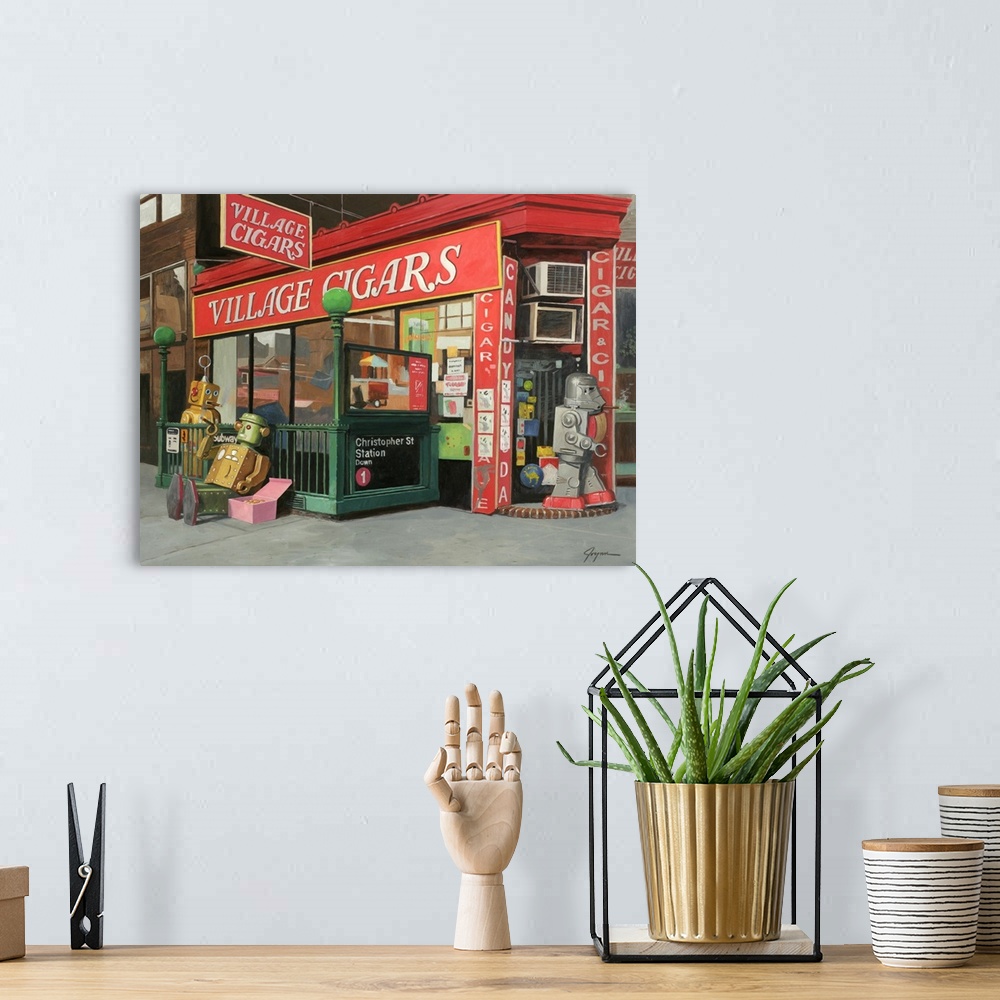 A bohemian room featuring A contemporary painting of a city scene of retro toy robots walking in and around a cigar shop sm...