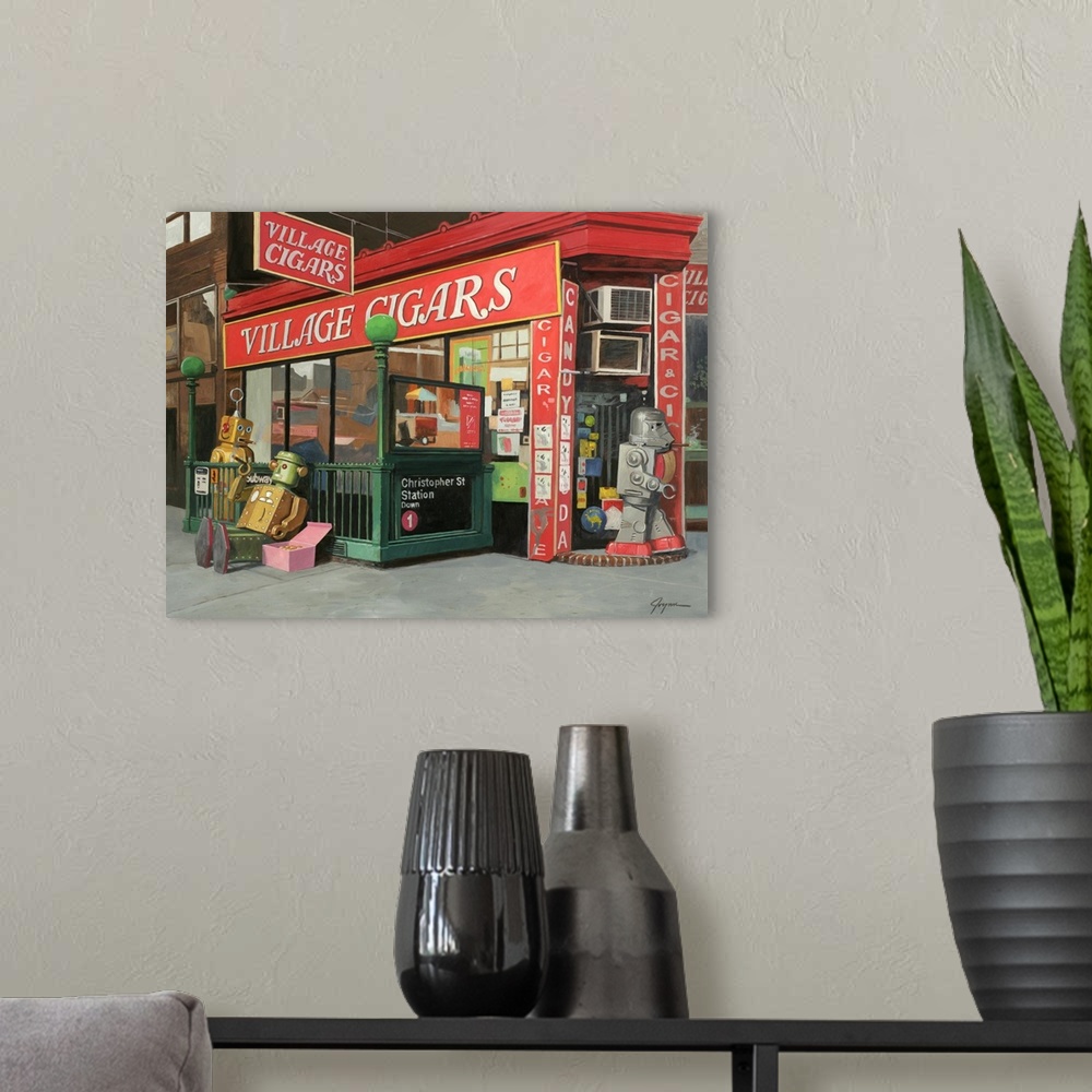 A modern room featuring A contemporary painting of a city scene of retro toy robots walking in and around a cigar shop sm...