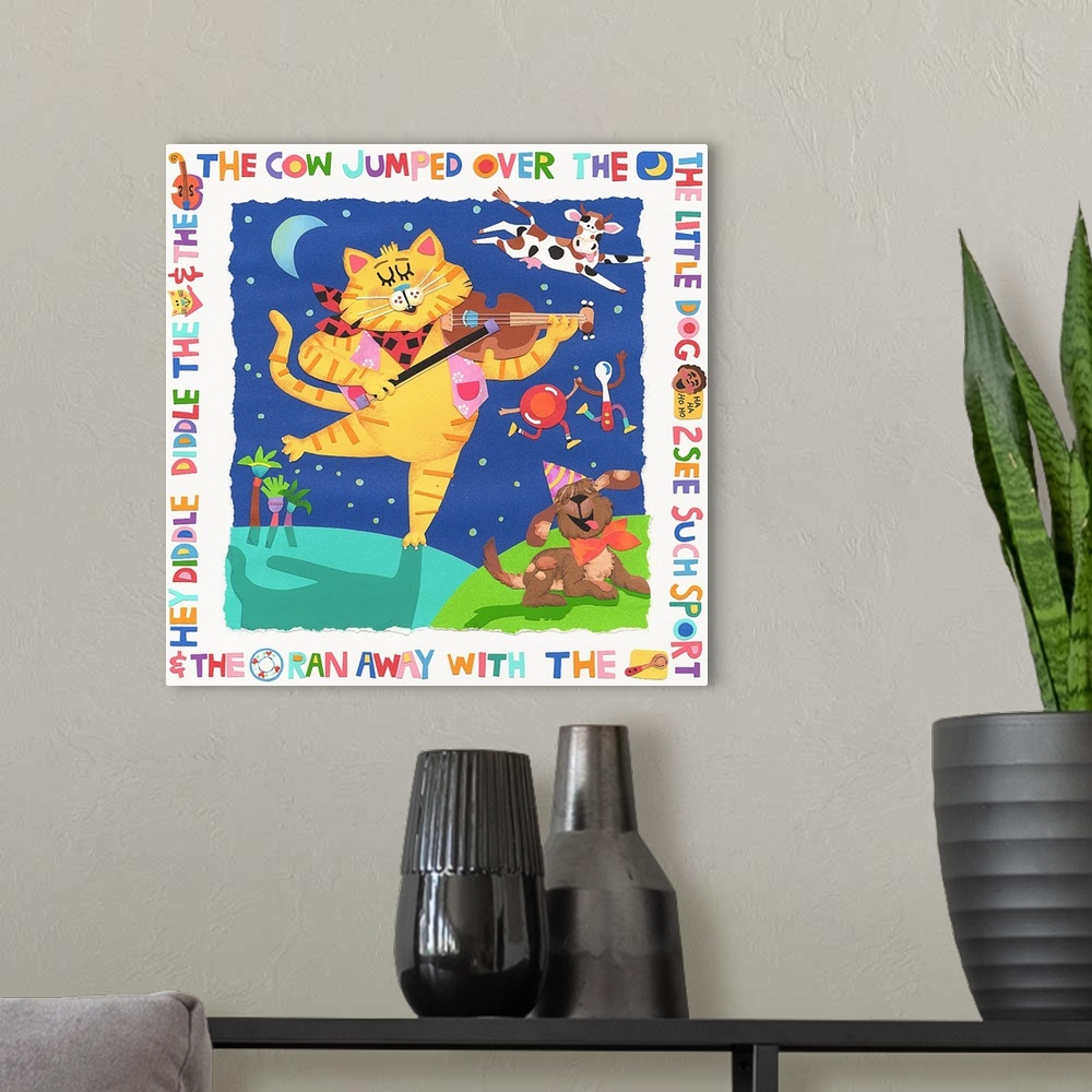 A modern room featuring A cat playing a fiddle with a laughing dog with a nursery rhyme around the border.