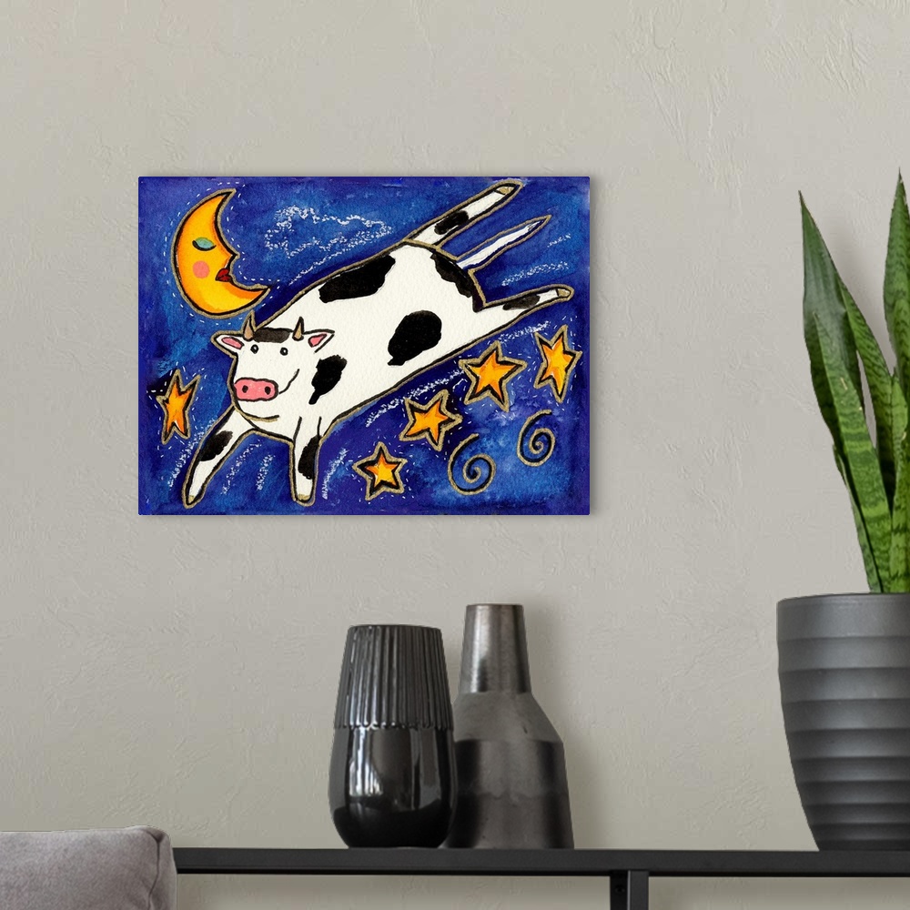 A modern room featuring A black and white cow jumping over stars in the night sky.