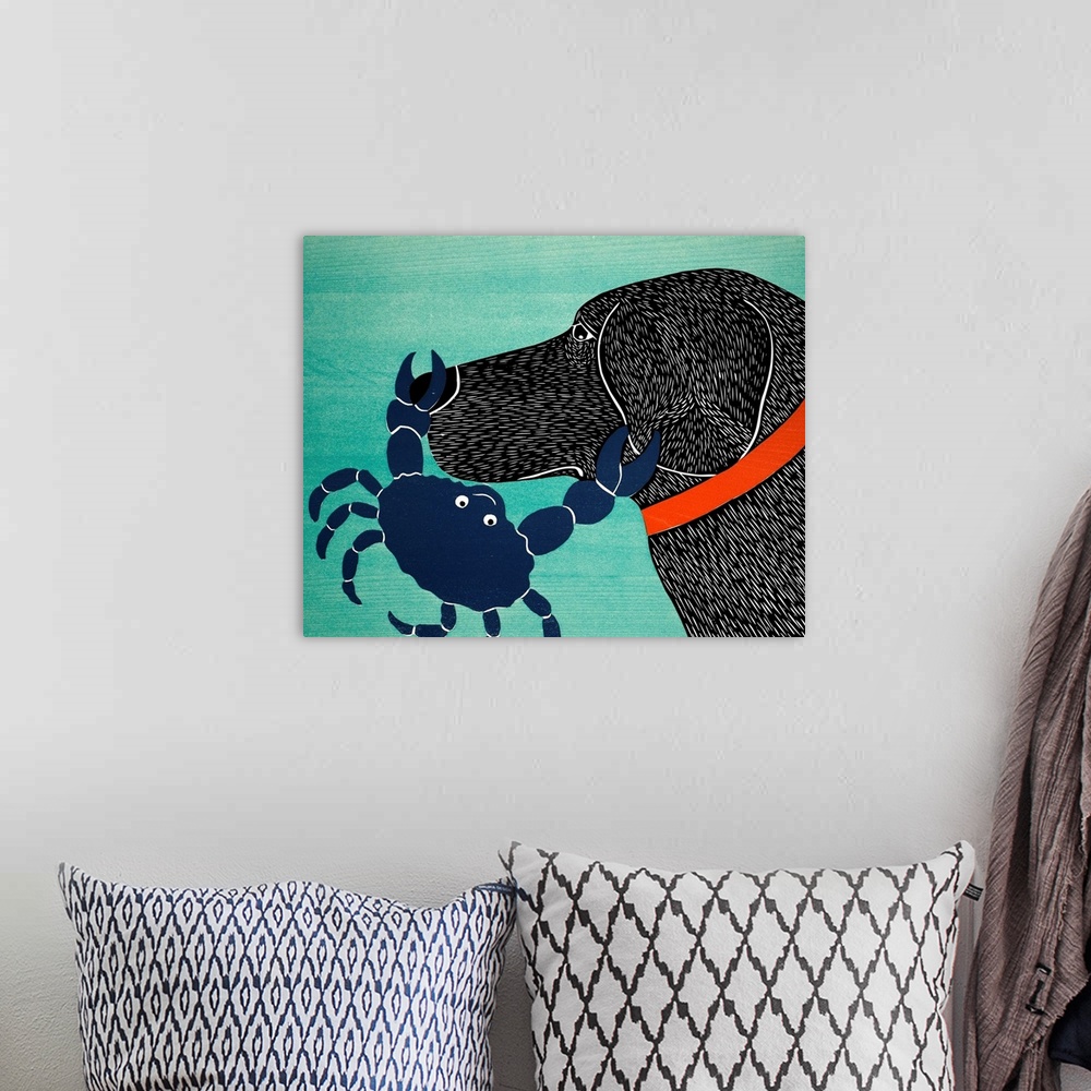 A bohemian room featuring Illustration of a black lab with a blue crab pinching its nose and ear.