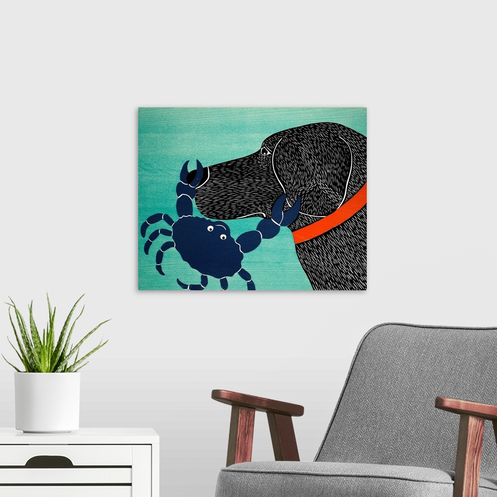 A modern room featuring Illustration of a black lab with a blue crab pinching its nose and ear.