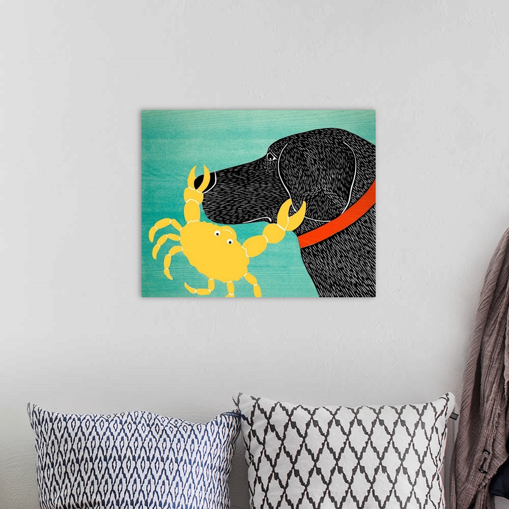 A bohemian room featuring Illustration of a black lab with a yellow crab pinching its nose and ear.