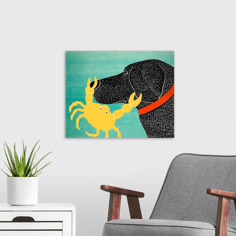 A modern room featuring Illustration of a black lab with a yellow crab pinching its nose and ear.
