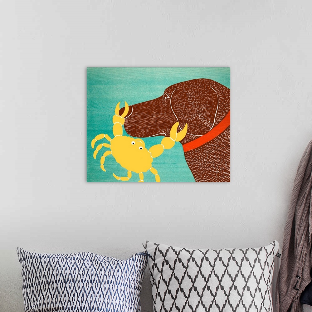 A bohemian room featuring Illustration of a chocolate lab with a yellow crab pinching its nose and ear.