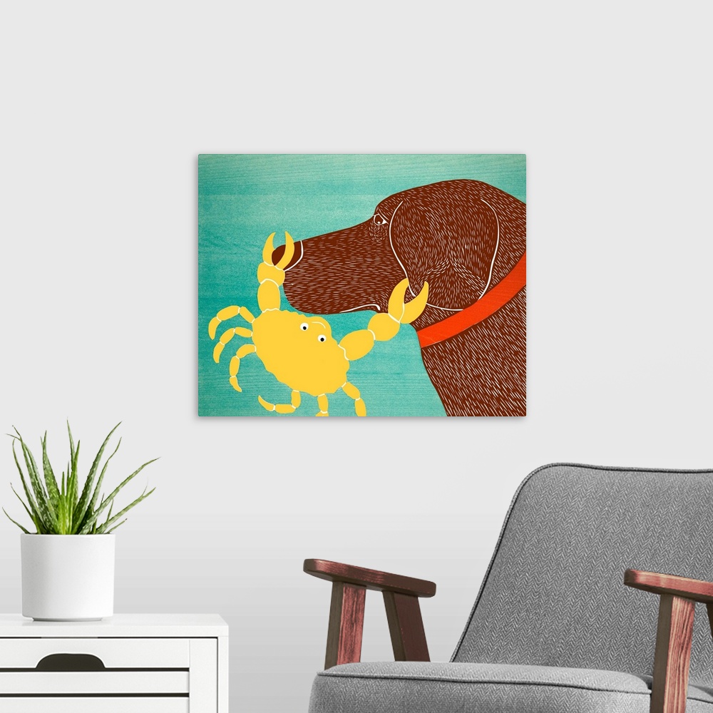 A modern room featuring Illustration of a chocolate lab with a yellow crab pinching its nose and ear.
