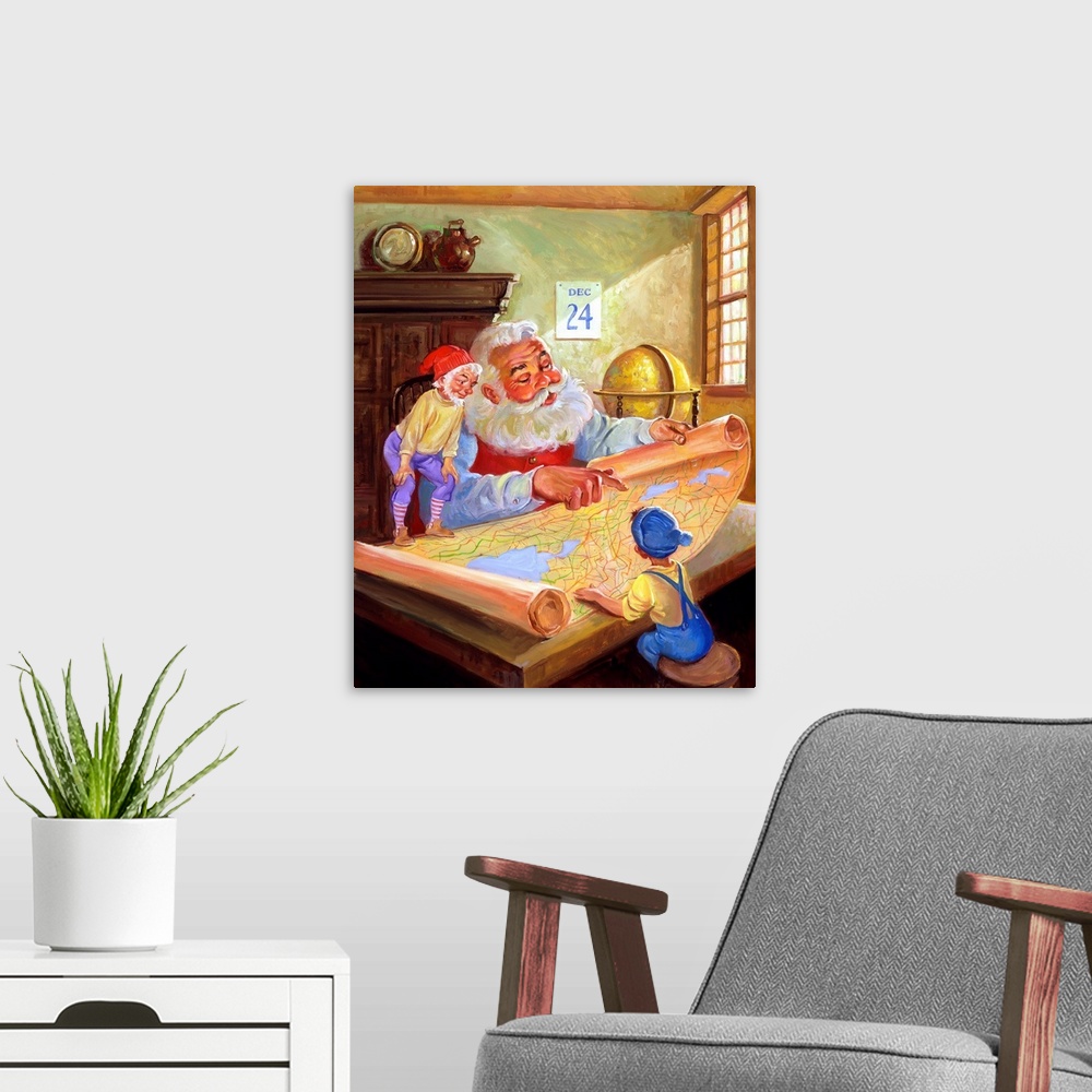 A modern room featuring Santa and his elves mapping out the route.
