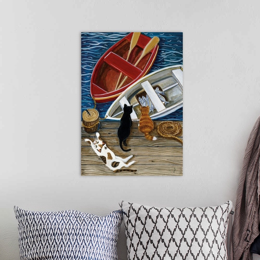 A bohemian room featuring Three cats on a dock looking at the fish in a row boat that is tied to the dock