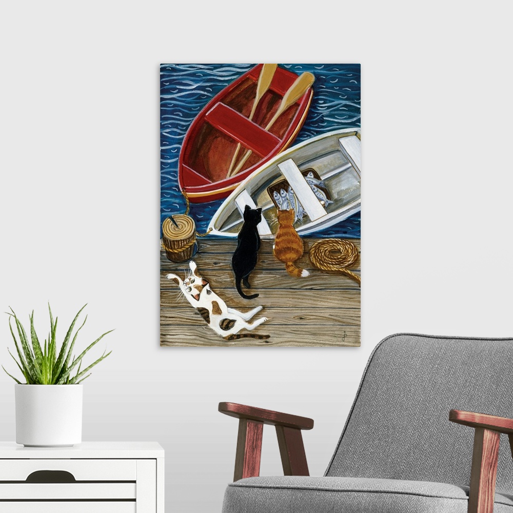 A modern room featuring Three cats on a dock looking at the fish in a row boat that is tied to the dock